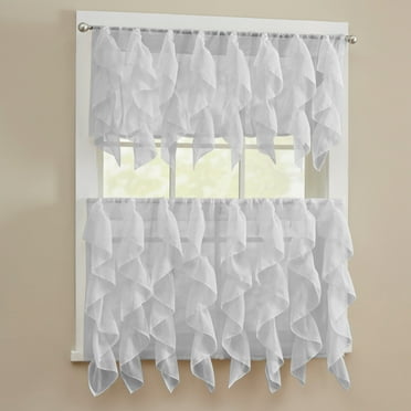 Sheer Voile Vertical Ruffle Window Kitchen Curtain 36" Tiers & Valance Set