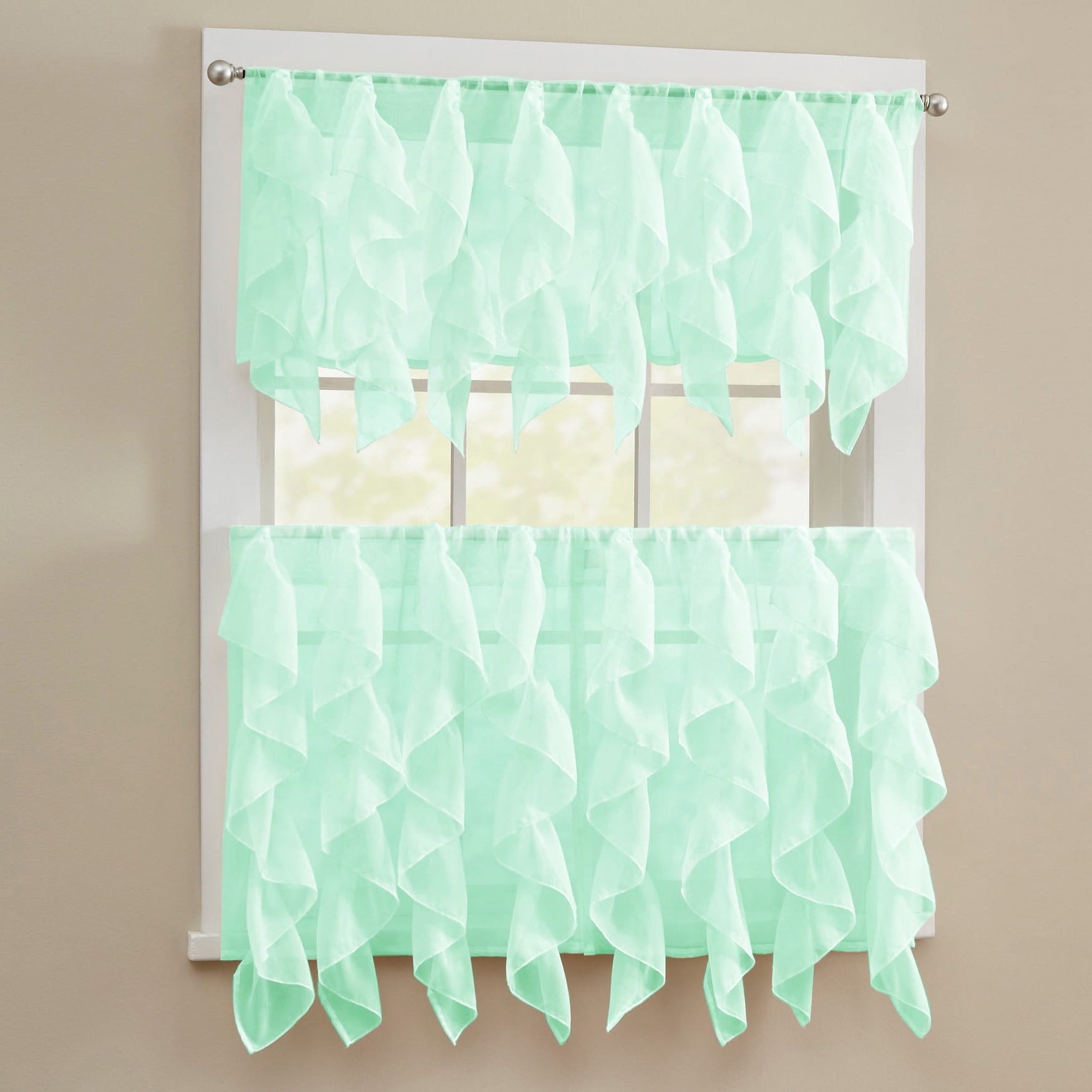 Mint Sheer Polyester Ruffle Kitchen Curtain Set