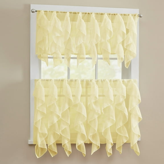 Sheer Voile Vertical Ruffle Window Kitchen Curtain 36" Tiers & Valance Set
