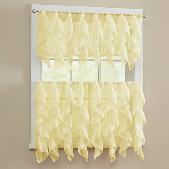 Sheer Voile Vertical Ruffle Window Kitchen Curtain 36" Tiers & Valance Set