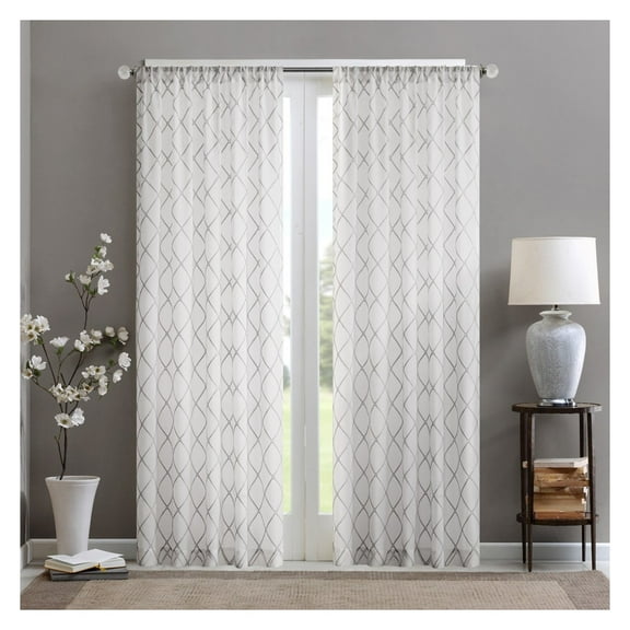 Sheer Window Curtain Panel(Only 1 Pc Panel) Off White+Gray + Polyester