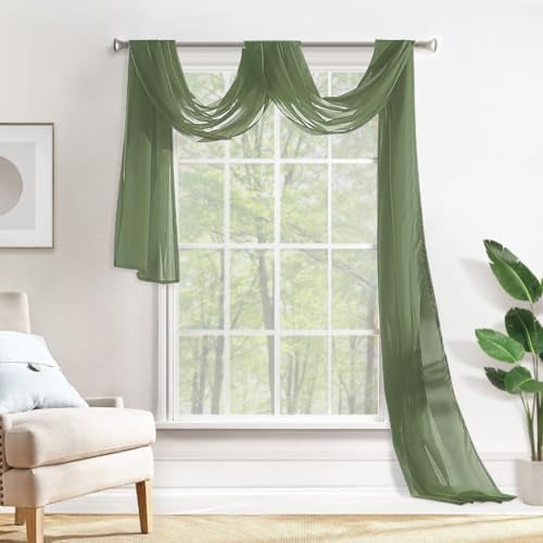 Sheer Window Scarf Valance Extra Long Topper Spring Elegant Swag Curtains Luxury Draping Fabric for Wedding Arch Party Ceremony Canopy Bed Living Room, 54'' x 216'', 1 Panel Sage Green
