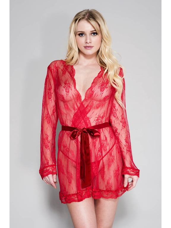 Sheer lace robe with butterfly sleeves and satin waist tie 60072-RED