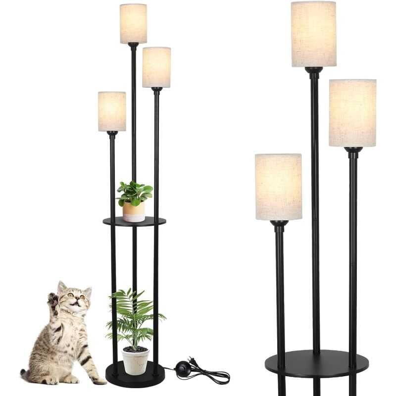 Shees, Modern Floor Living Room, 3-Lights with Linen Shade and Foot Switch, Industrial Standing Lamps Bedroom, Black Tall Table Lamp for Office