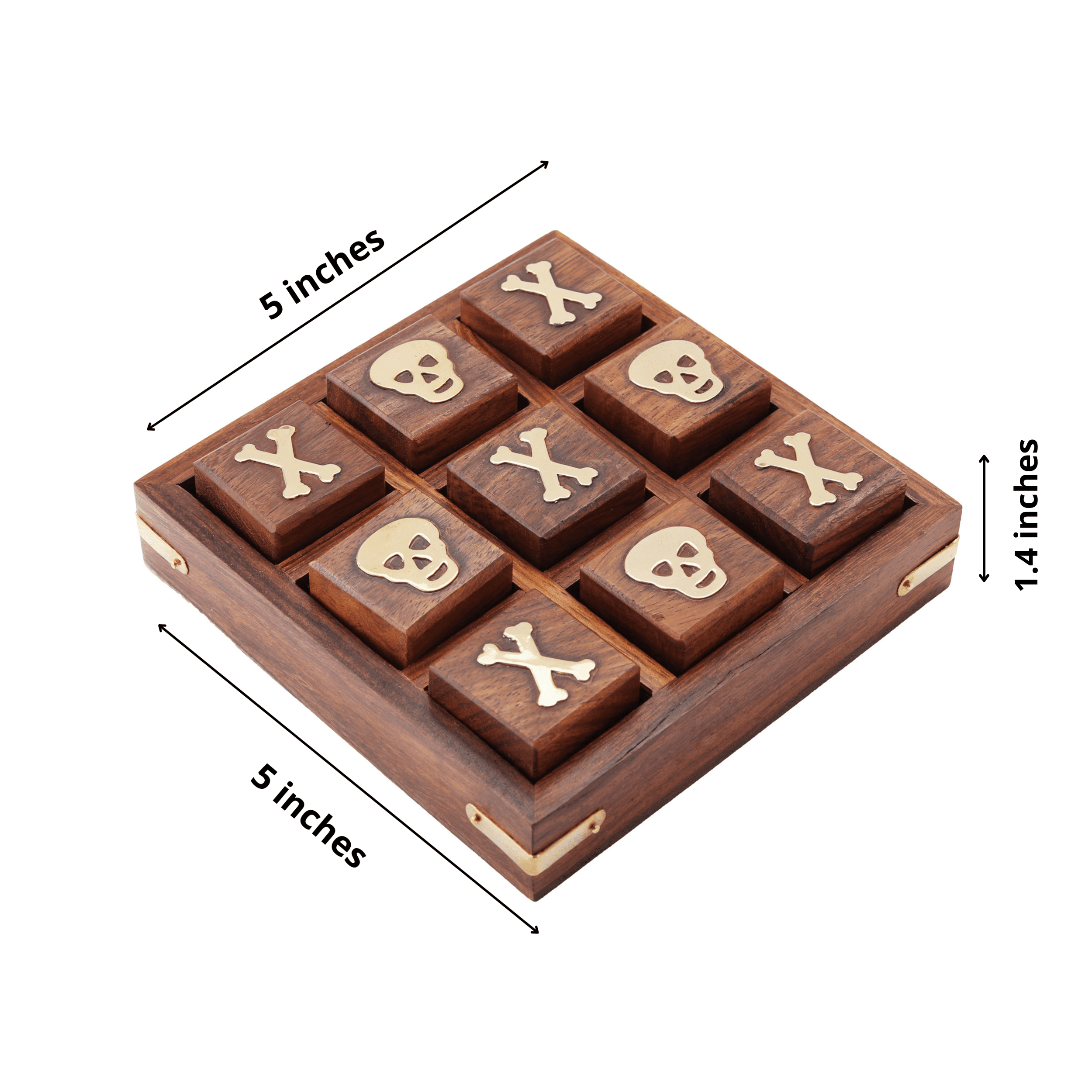 Sheesham Wood Brass Skull and Crossbones Mini Tic Tac Toe Noughts and Crosses tik tak toe Pedagogical Brain Teaser Board Game (Brown)