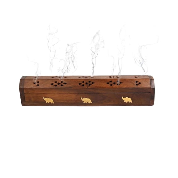 Sheesham Wooden Incense Holder Box with Ash Catcher – Decorative Storage Design with Multiple Slots – Long Box Style for Home, Office & Meditation Space
