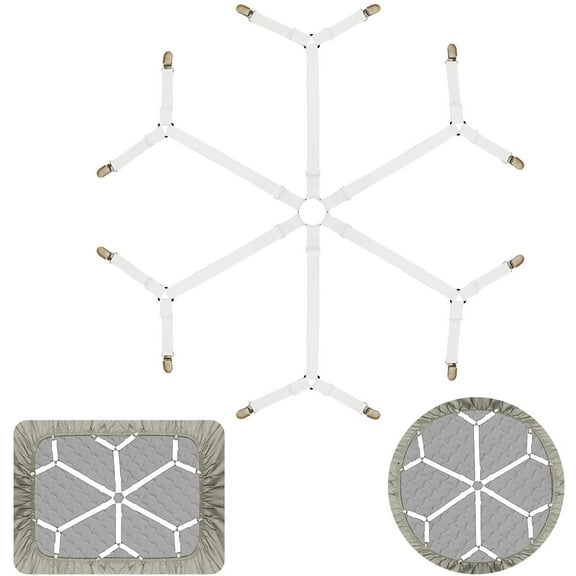 Sheet Fasteners Adjustable Elastic Bed Sheet Holder Straps for Full,Queen,King Twin Bed,6 Way Cross Sheet Clips Suspenders Band,Fitted Round and Square Mattresses.(White)