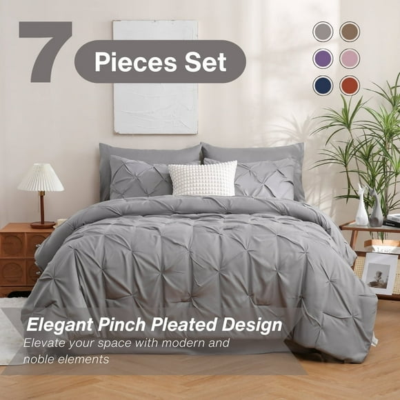 Sheet&Joy 7 Pieces Pinch-Pleated Comforter Set, Grey Queen Size