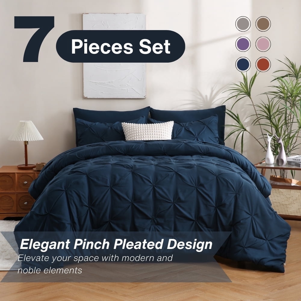 Sheet&Joy 7 Pieces Pinch-Pleated Comforter Set, Navy Blue Queen Size ...