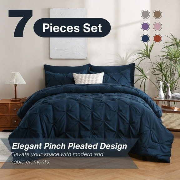 Sheet&Joy 7 Pieces Pinch-Pleated Comforter Set, Navy Blue Queen Size