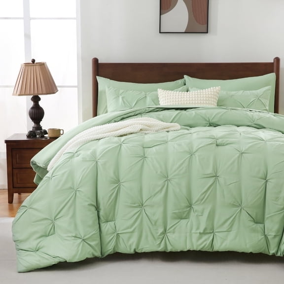 Sheet&Joy 7 Pieces Pinch-Pleated Comforter Set, Olive Green Queen Size