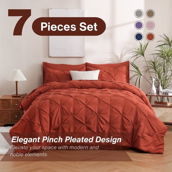 Sheet&Joy 7 Pieces Pinch-Pleated Comforter Set, Orange Full Size