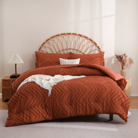 Sheet&Joy Comforter Full Size Set with Sheets Burnt Orange - 7 Pieces Bed in a Bag Full Chevron Tufted Complete Bedding Sets with Comforter, Sheets, Pillowcases & Shams