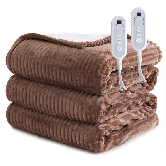 Sheet&Joy Heated Blanket Electric Brown King - 100"x90" Duall Controllers Heating Blanket 10 Hours Auto-Off 8 Heat Level Over-Heat Protection Ribbed Flannel Sherpa Electric ETL Certification