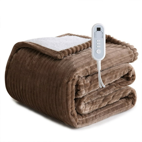 Sheet&Joy Heated Blanket Electric Brown Twin - 62"x84" Heating Blanket 10 Hours Auto-Off 8 Heat Level Over-Heat Protection Ribbed Flannel Sherpa Electric ETL Certification