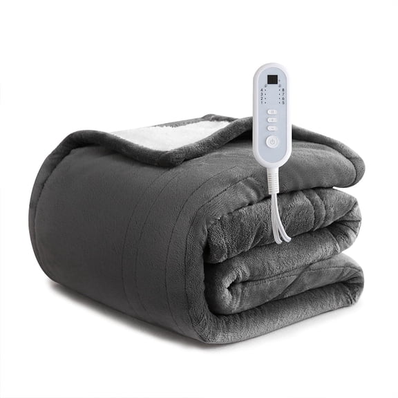 Sheet&Joy Heated Blanket Electric Grey Full - 72"x84" Heating Blanket Full 10 Hours Auto-Off 8 Heat Level Over-Heat Protection Flannel Sherpa Electric ETL Certification