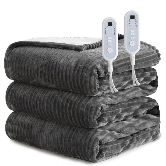 Sheet&Joy Heated Blanket Electric Grey Queen - 84"x90" Dual Controllers Heating Blanket 10 Hours Auto-Off 8 Heat Level Over-Heat Protection Ribbed Flannel Sherpa Electric ETL Certification