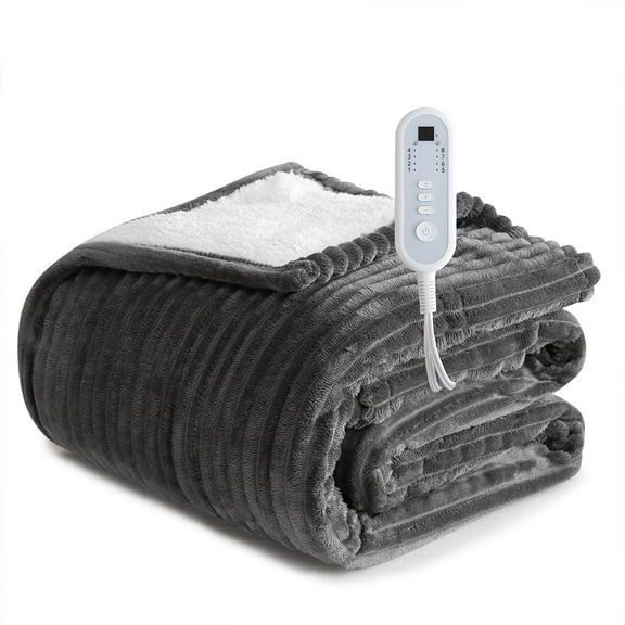 Sheet&Joy Heated Blanket Electric Grey Twin - 62"x84" Heating Blanket 10 Hours Auto-Off 8 Heat Level Over-Heat Protection Ribbed Flannel Sherpa Electric ETL Certification