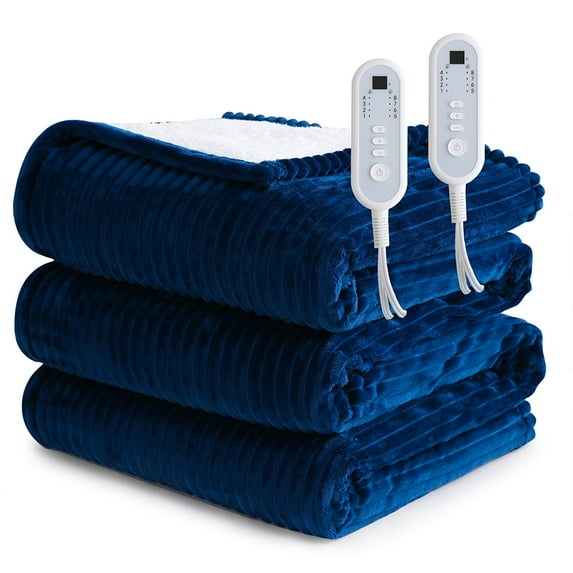 Sheet&Joy Heated Blanket Electric Navy Blue Queen - 84"x90" Dual Controllers Heating Blanket 10 Hours Auto-Off 8 Heat Level Over-Heat Protection Ribbed Flannel Sherpa Electric ETL Certification