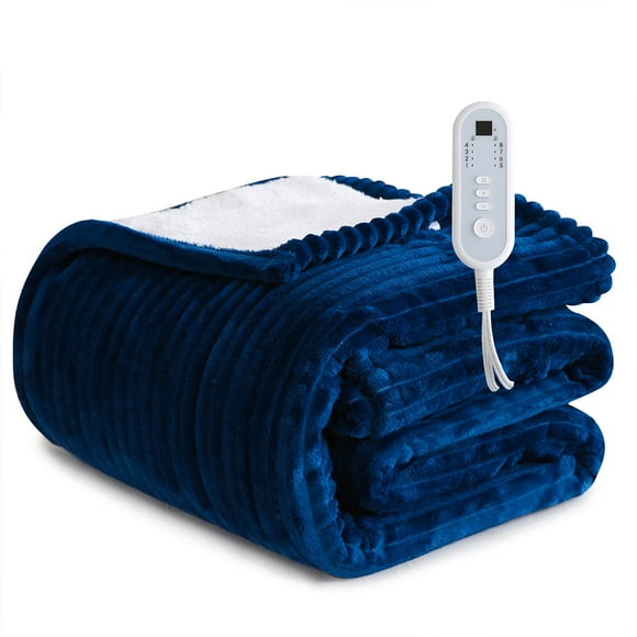 Sheet&Joy Heated Blanket Electric Navy Blue Throw - 50"x60" Heating Blanket 8 Hours Auto-Off 8 Heat Level Over-Heat Protection Ribbed Flannel Sherpa Electric ETL Certification