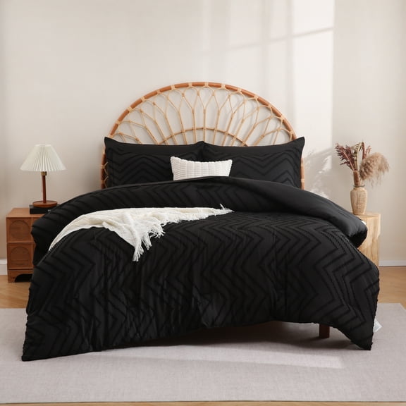 Sheet&Joy King Size Comforter Set with Sheets Black - 7 Pieces Bed in a Bag King Chevron Tufted Boho Luxury Bedding Sets with Comforter, Sheets, Pillowcases & Shams