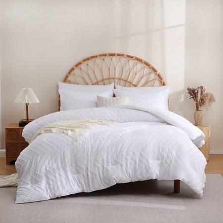 Sheet&Joy Queen Comforter Set with Sheets White - 7 Pieces Bed in a Bag Queen Chevron Tufted Complete Bedding Sets with Comforter, Sheets, Pillowcases & Shams