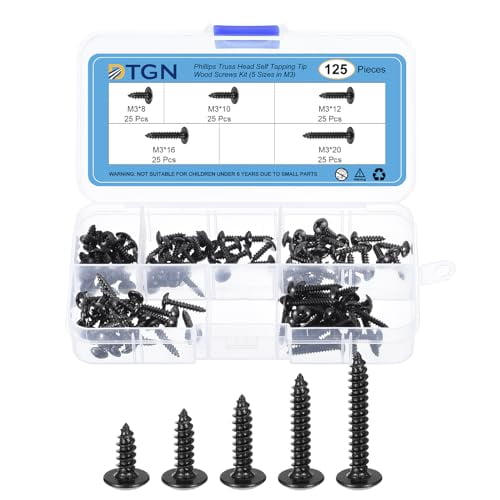 Sheet Metal Screws Assortment Kit - 125Pack - for Wood, Furniture - 5 Sizes Carbon Steel M3 Phillips Truss Head Self Tapping Tip Wood Screws - Black$$Hardware