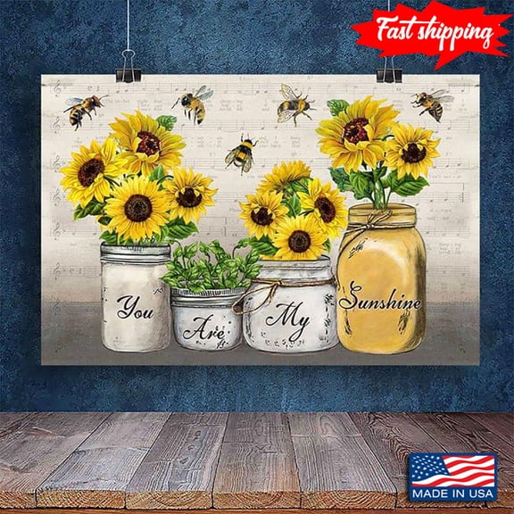 Sheet Music Theme Bees & Sunflowers In Mason Jars You Are My Sunshine 16 x 24 Inch Poster