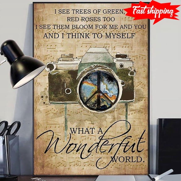 Sheet Music Theme Hippie Peace Camera I See Trees Of Green, Red Roses Too 11 x 17 Inch Poster