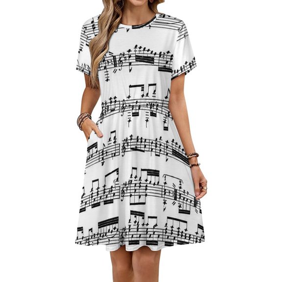 Sheet Music on Light Grey Women's Dress Short Sleeve Summer Sundress Summer Women Clothes
