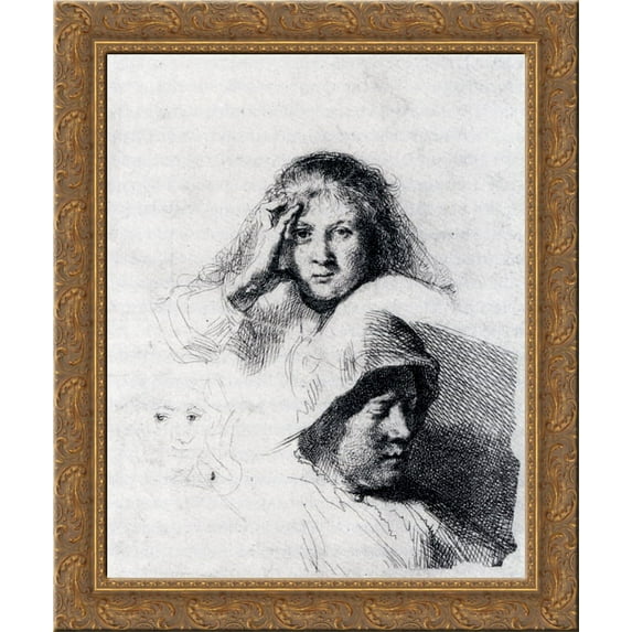 Sheet Of Sketches With A Portrait Of Saskia 20x24 Gold Ornate Wood Framed Canvas Art by Rembrandt