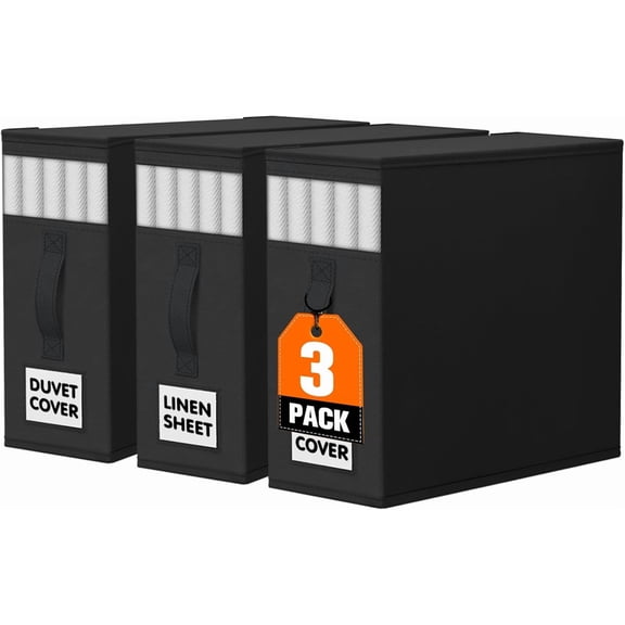 Sheet Organizers and Storage,Closet Bed Sheet Organizer Under Bed Storage and Organization with Label Cards & Clear Window for Bedding Sheets,Duvet Covers,Blankets (3 ,Black)