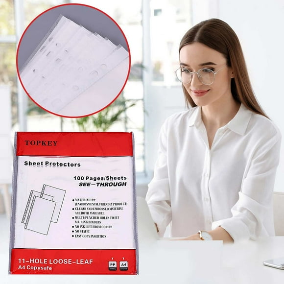 Sheet Protectors, 100 Sheets Document Bag, 11 Hole Transparent Pocket, White Strip Hole Punch Bag, Top Loading Plastic Sleeves with Reinforced 3-Hole Punch for Binders, for Letter Size and A4 Size
