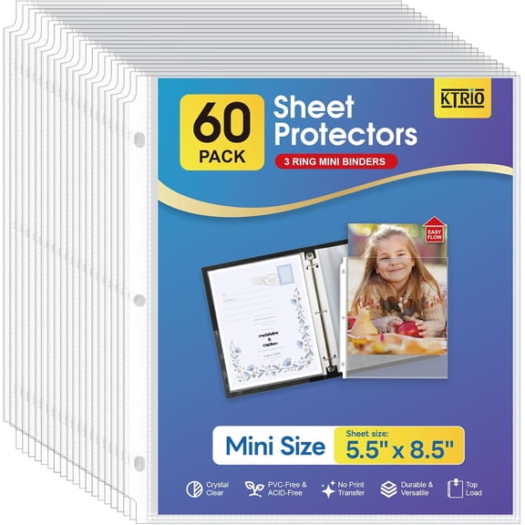 Sheet Protectors 5.5 x 8.5 for Mini Binder 60 Pack, Heavyweight | Clear Half Letter Page Protectors, Heavy-Duty Acid-Free Paper Sleeves, 3-Hole Punched, Top Loading for Office, School, Home