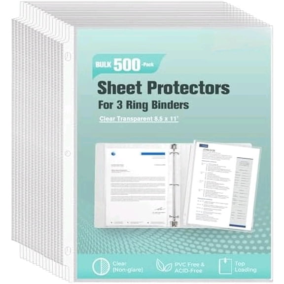 Sheet Protectors 500 Pack, Clear Plastic Page Protectors 8.5 x 11 Inch, Reinforced 3 Hole Plastic Binder Sleeves, Acid-Free Archival Document Holders for Office & School$$Office