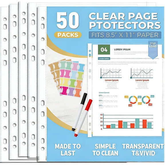 Sheet Protectors 8.5 x11 Inch with Index Tab, 50 Pack Page Protectors for 11 Ring Binder, Top Loading Plastic Sleeves, Letter Size, for Documents and Photos, Office Supplies (Clear 50 Pack)