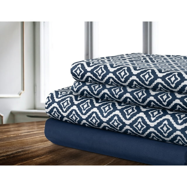 Sheet Set 3PC T Ikat Printed Solid Navy