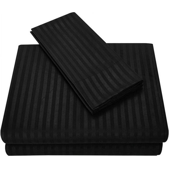 Sheet Set - 4 Piece 100% Egyptian Cotton, Luxury Soft and 600TC, Deep Pocket of 12 Inch Fitted Sheet, Long Staple & Comfy Sheets with Pillowcases - Black Stripe, Twin-XXL Size.