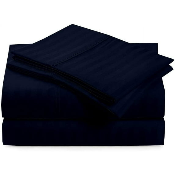 Sheet Set - 4 Piece 100% Egyptian Cotton, Luxury Soft and 600TC, Deep Pocket of 18 Inch Fitted Sheet, Long Staple & Comfy Sheets with Pillowcases - Navy Blue Stripe, Twin-XXL Size.