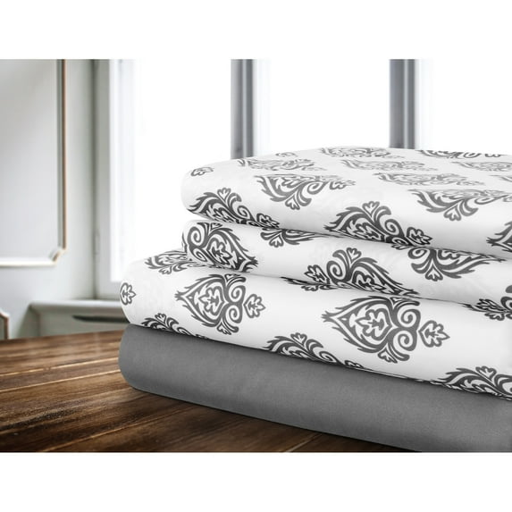 Sheet Set 4PC D Damask Printed Solid Grey