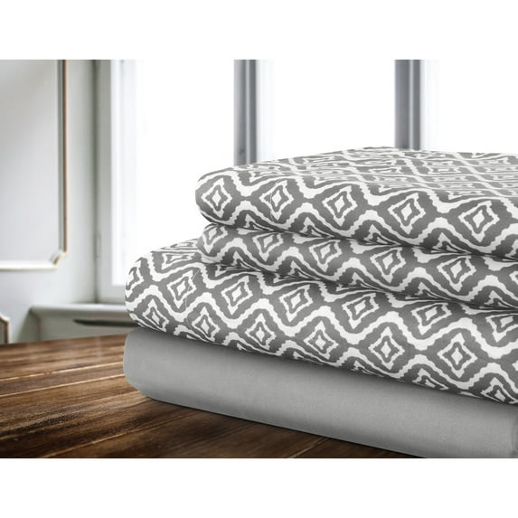 Sheet Set 4PC D Ikat Printed Solid Grey