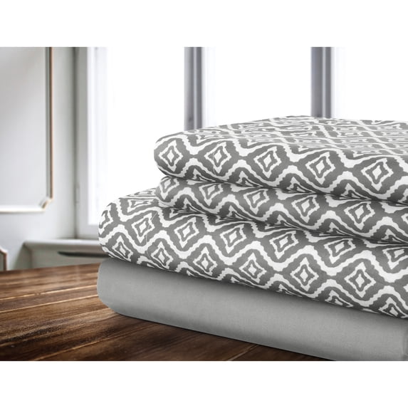 Sheet Set 4PC K Ikat Printed Solid Grey