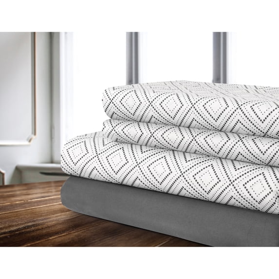 Sheet Set 4PC D Geo Printed Solid Grey