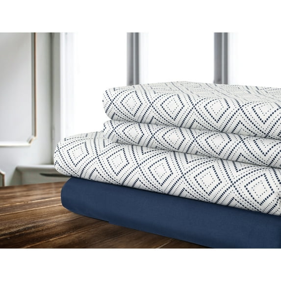 Sheet Set 4PC Q Geo Printed Solid Navy