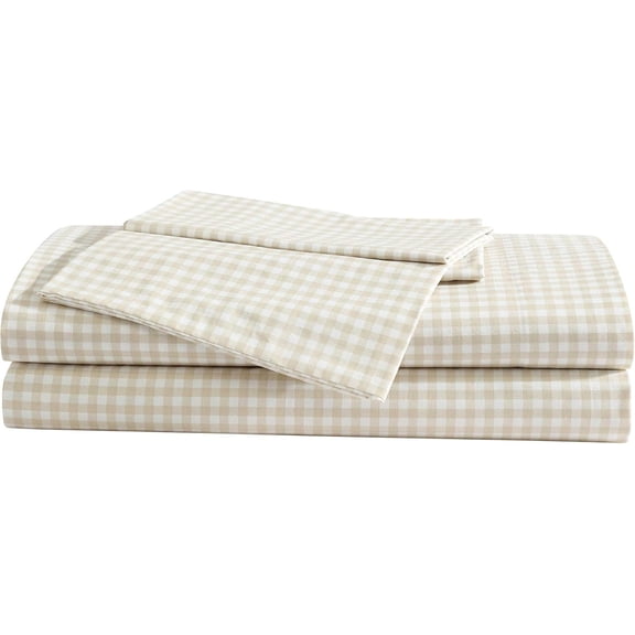 Sheet Set, Cotton Percale Bedding with Matching Pillowcase, Crisp & Breathable, 200-Thread Count, Classic Comfort Essentials (Little Gingham Beige, Queen)