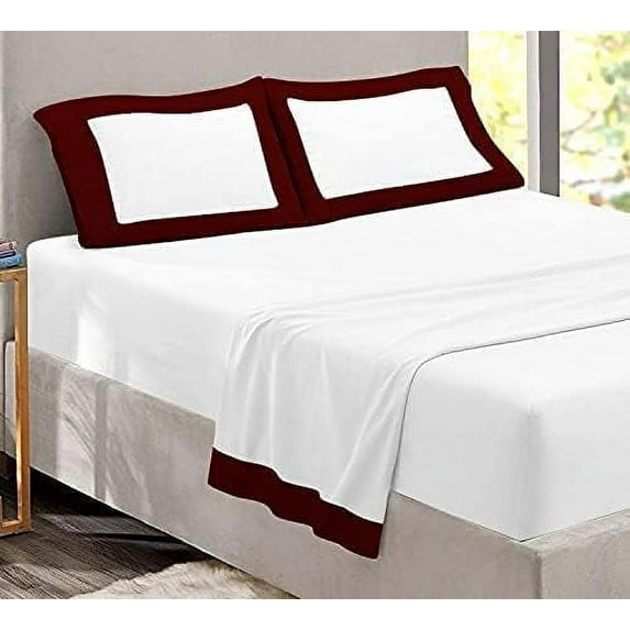 Sheet Set with Dual Color, 4 PC Stylish Bedding with 16" Deep Pockets, 100% Egyptian Soft & Luxury 400TC, Two Tone Cotton Bedsheets & Pillowcases - Burgundy & White Solid, Twin-XL Size.