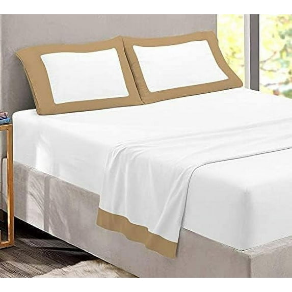 Sheet Set with Dual Color, 4 PC Stylish Bedding with 18" Deep Pockets, 100% Egyptian Soft & Luxury 400TC, Two Tone Cotton Bedsheets & Pillowcases - Taupe & White Solid, Twin Size.