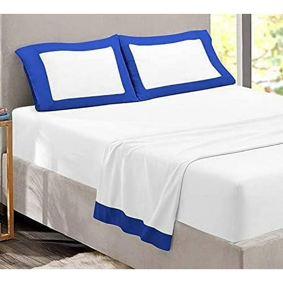 Sheet Set with Dual Color, 4 PC Stylish Bedding with 22" Deep Pockets, 100% Egyptian Soft & Luxury 400TC, Two Tone Cotton Bedsheets & Pillowcases - Royal Blue & White Solid, Olympic Queen Size.