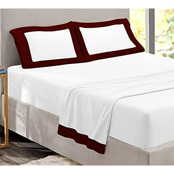 Sheet Set with Dual Color, 4 PC Stylish Bedding with 24" Deep Pockets, 100% Egyptian Soft & Luxury 400TC, Two Tone Cotton Bedsheets & Pillowcases - Burgundy & White Solid, Twin-XL Size.