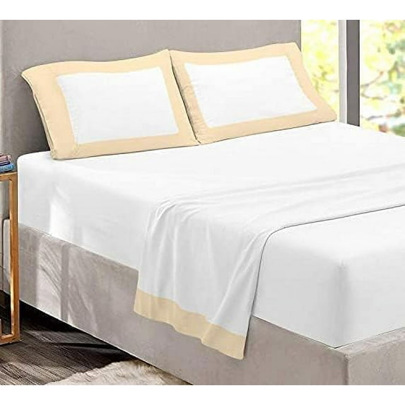 Sheet Set with Dual Color, 4 PC Stylish Bedding with 24" Deep Pockets, 100% Egyptian Soft & Luxury 400TC, Two Tone Cotton Bedsheets & Pillowcases - Ivory & White Solid, King Size.